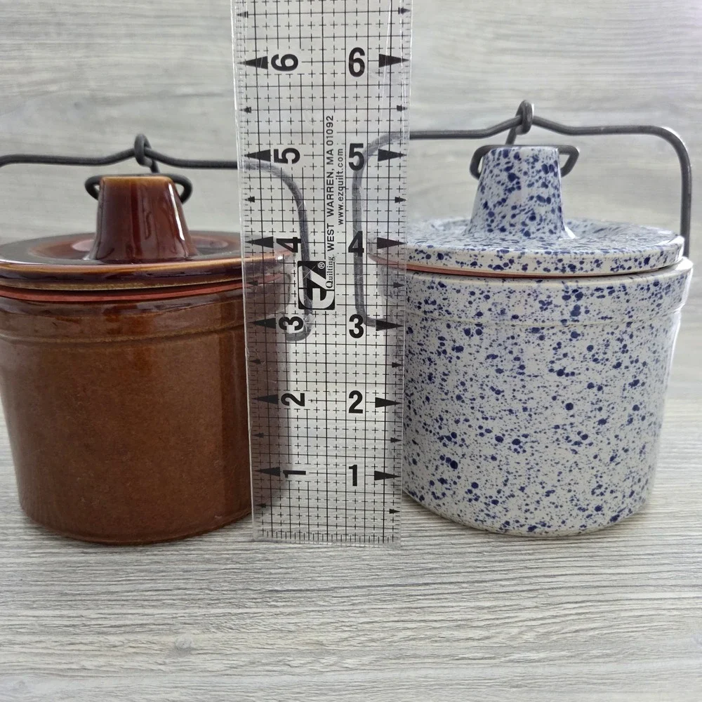 Mini Stoneware Crocks Brown and Blue Spatterware Farmhouse Set of 2